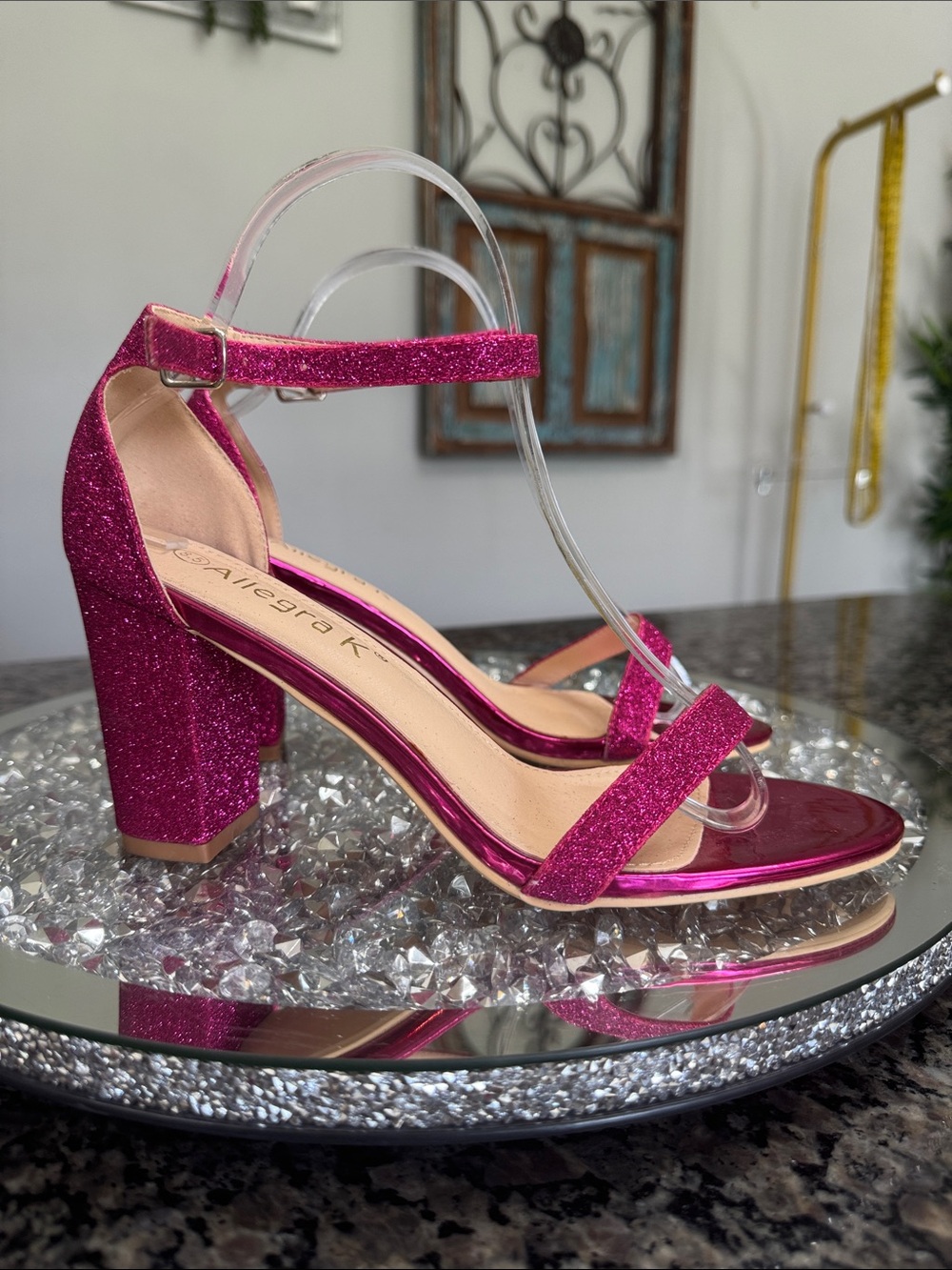 Allegra K Hot Pink Glitter Block Heel Sandals NWOT 8.5